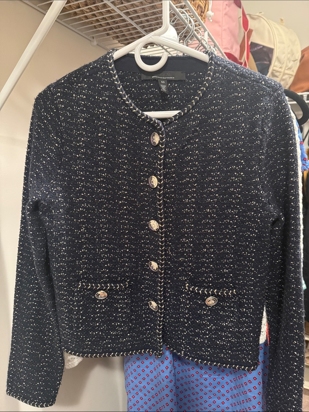 White House Black Market Navy Tweed Button-Front Jacket with Gold-Tone Buttons